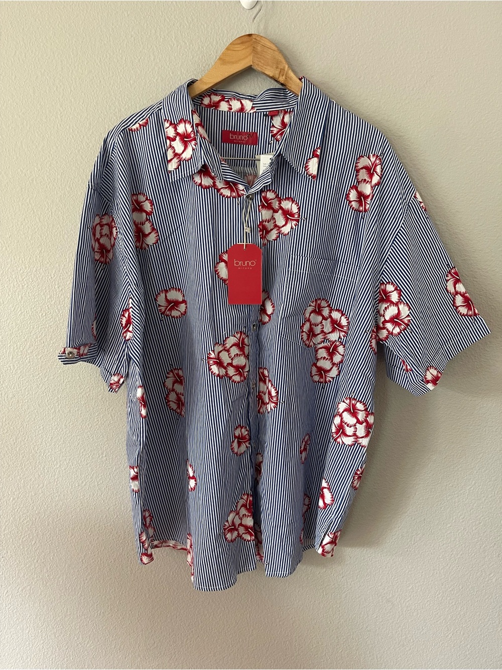 Bruno Milano Mens Short Sleeve Shirt Blue/White Stripes Hibiscus Size 3XL NWT